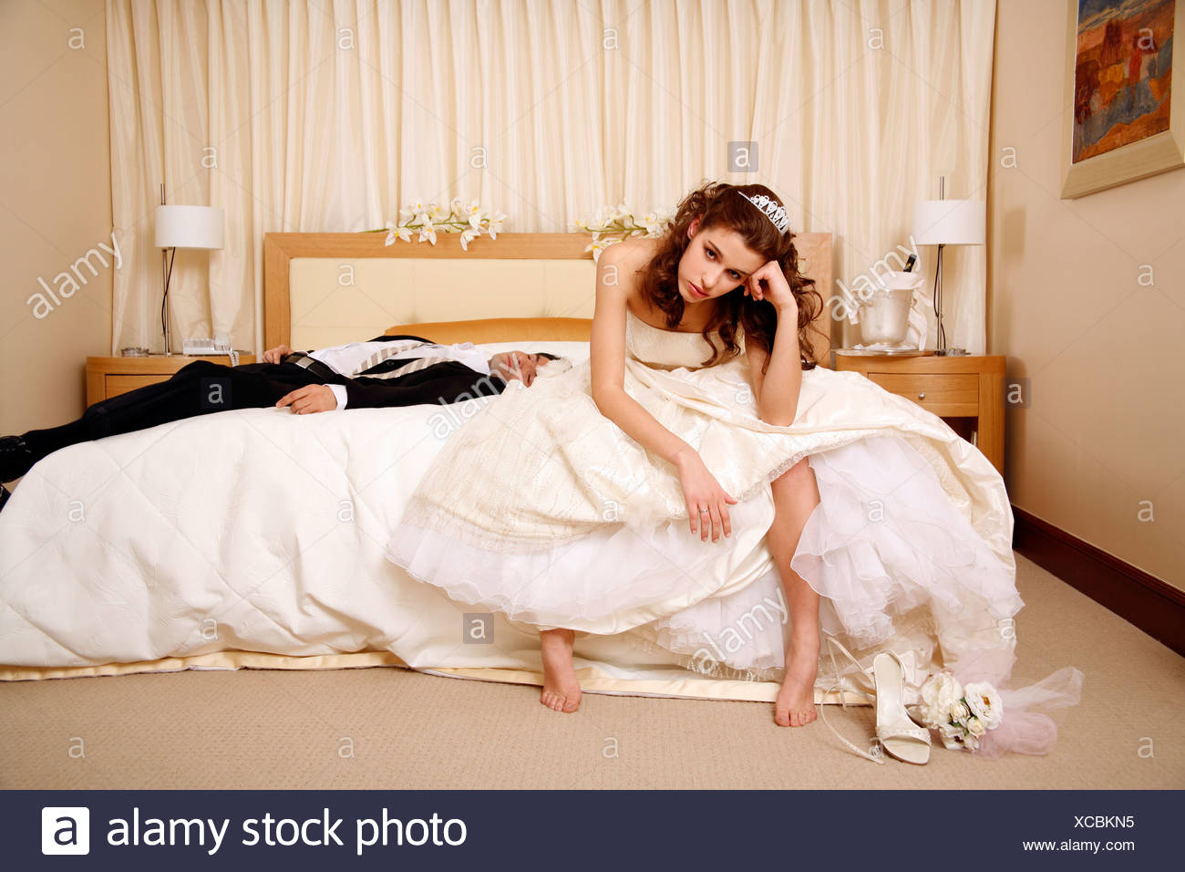 bride and groom bedding