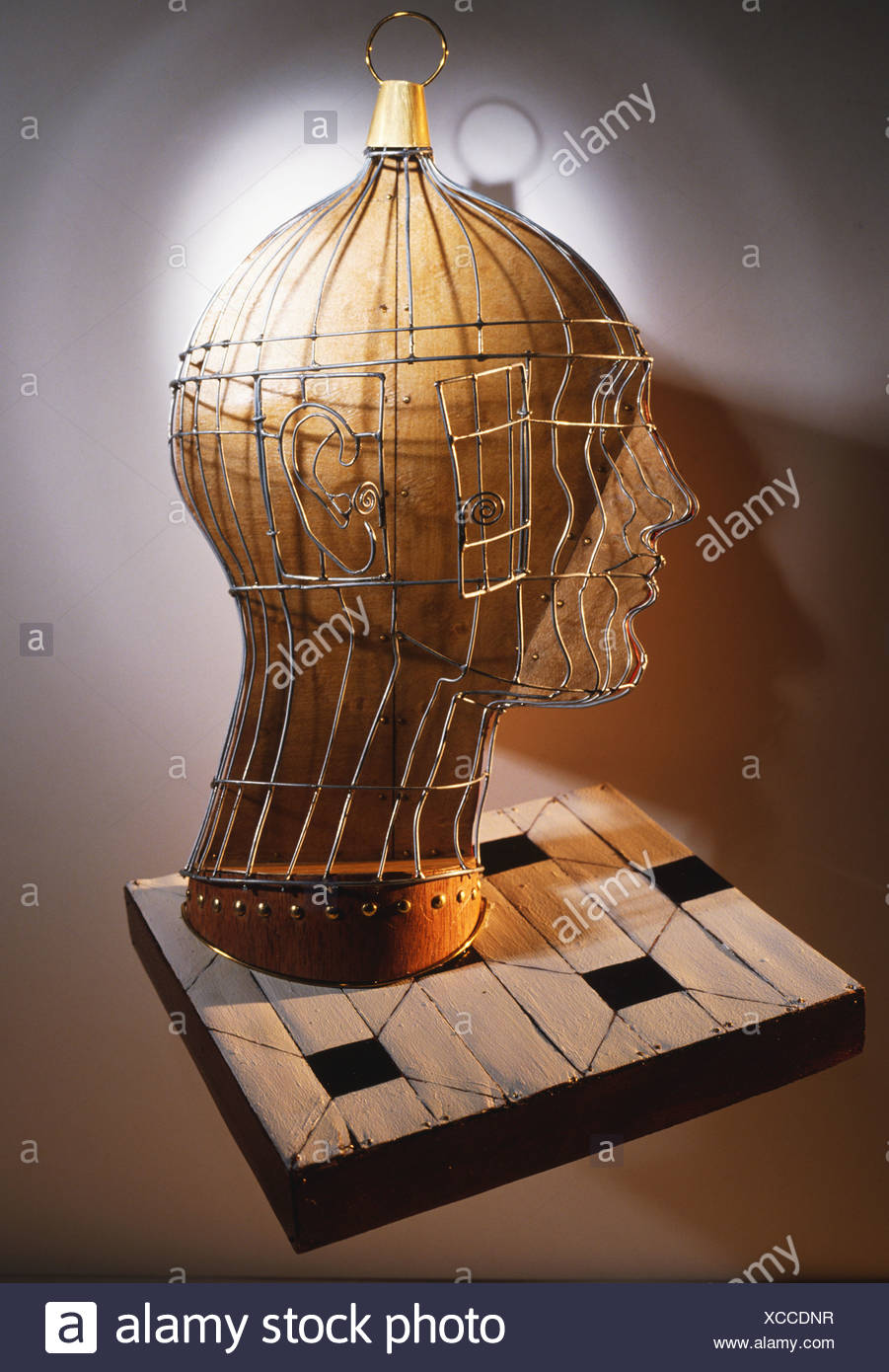 Wooden Head In Profile Locked Inside A Metal Cage Small Door