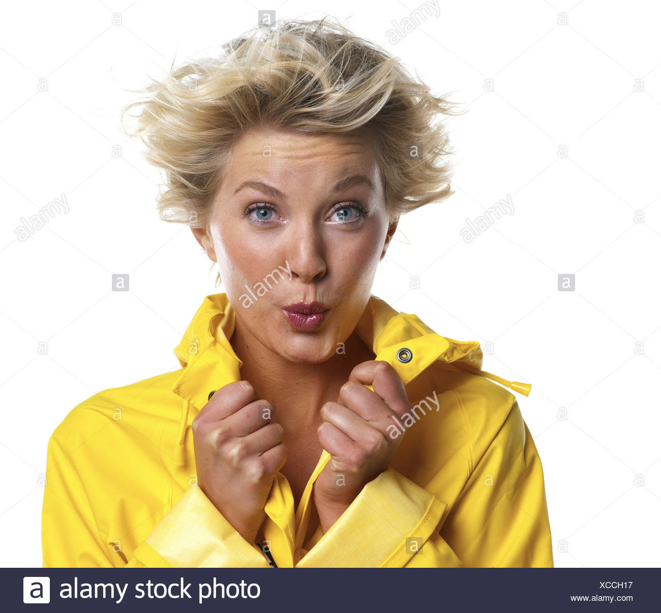 Woman Blond Happy Facial Play Portrait Rain Jacket Wind