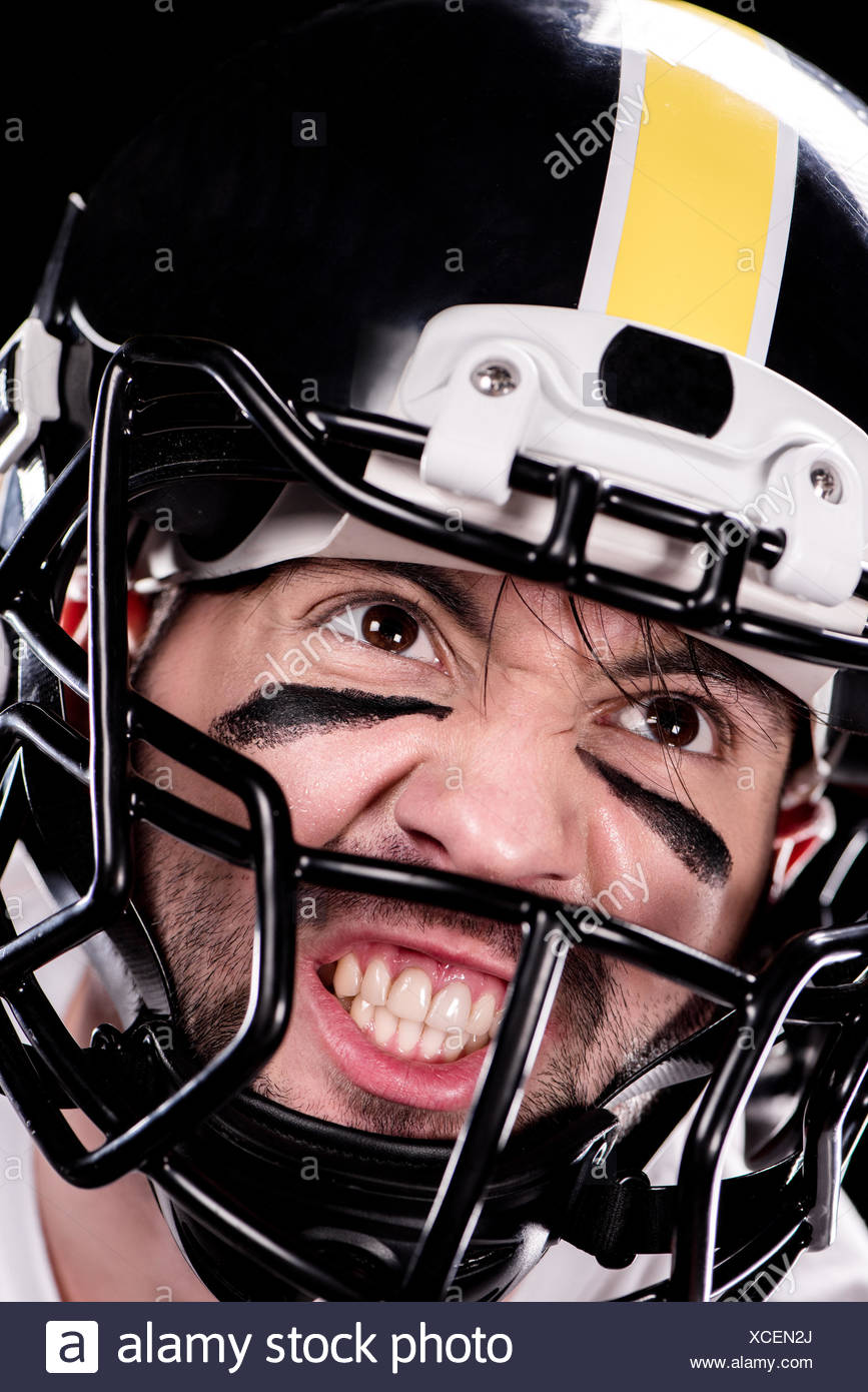 Close Up View Of Angry Man American Football Player In Helmet Looking Away Stock Photo Alamy