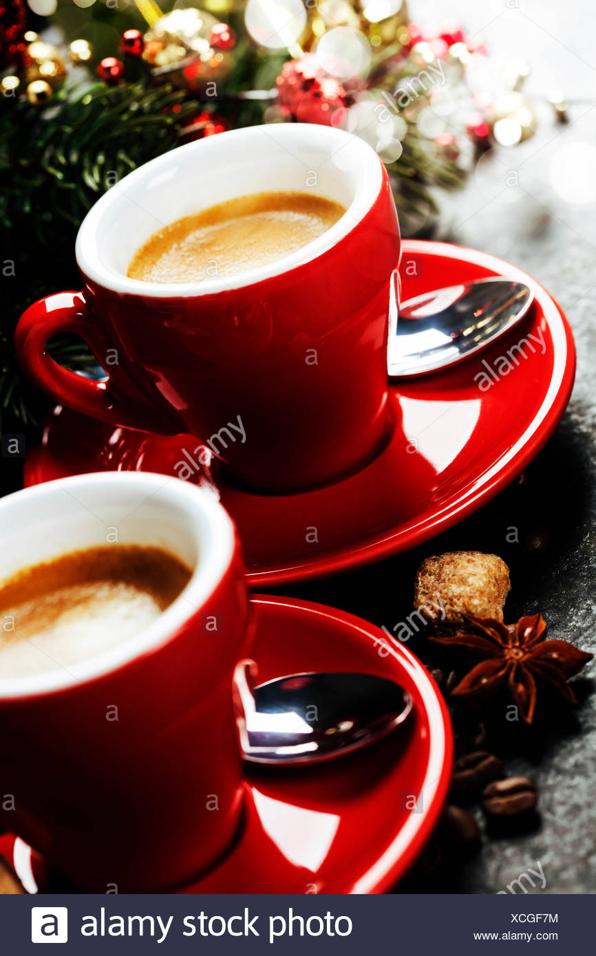 Coffee Espresso Red Cups Of Coffee And Christmas Decorations On