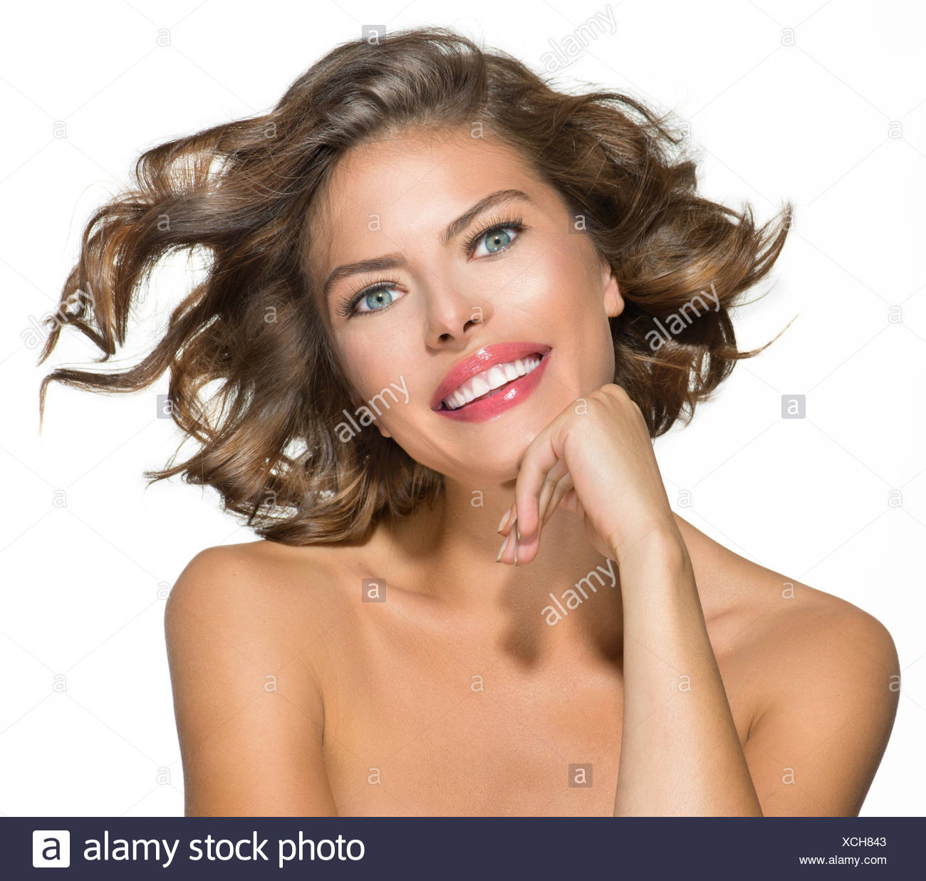 Beauty Young Woman Portrait Over White Short Curly Hair Stock