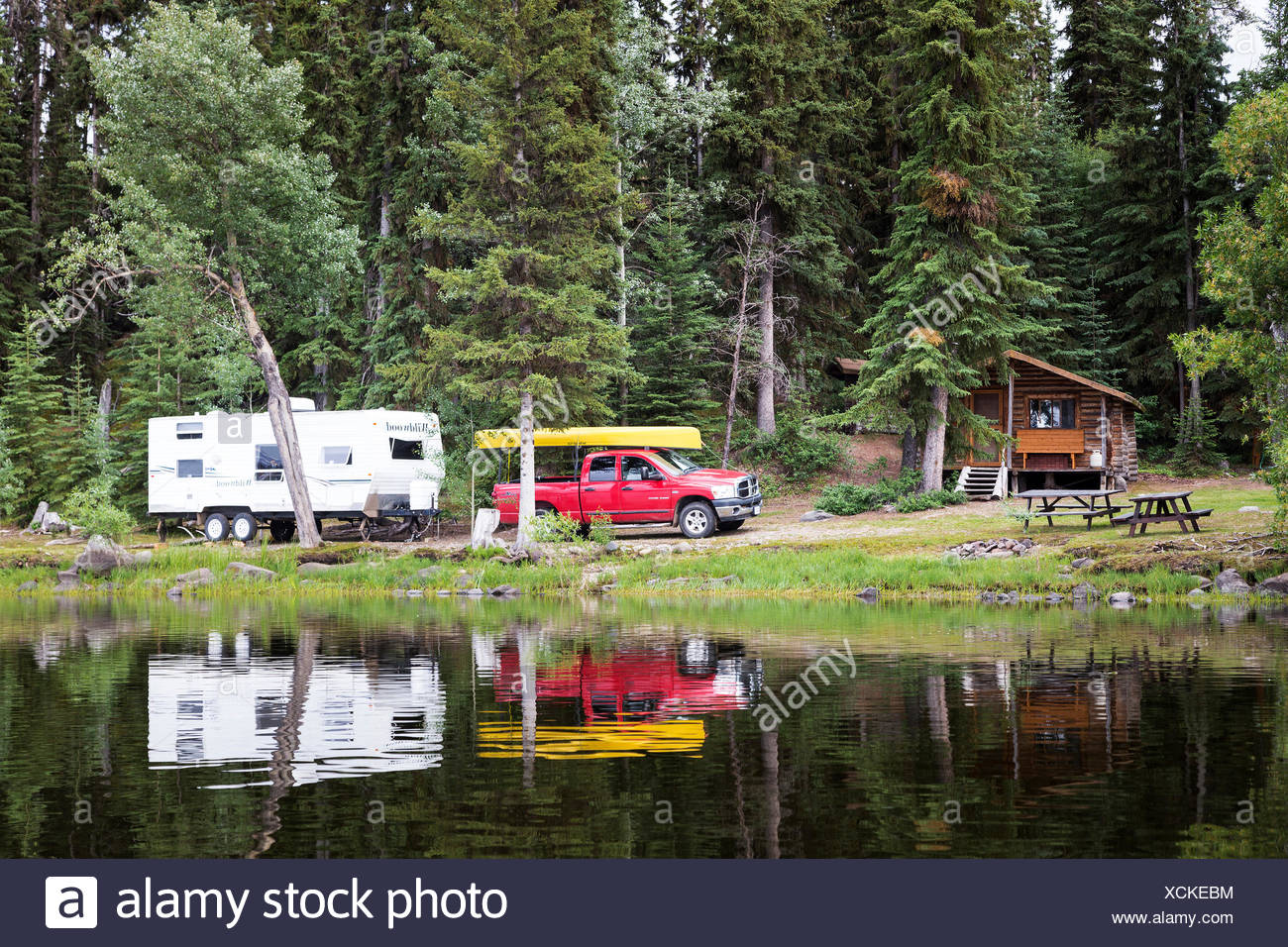 Canada British Columbia Chilcotin Region Nimpo Lake Rv Camping Vacation Holiday Canoe Campsite Log Cabin Stock Photo Alamy