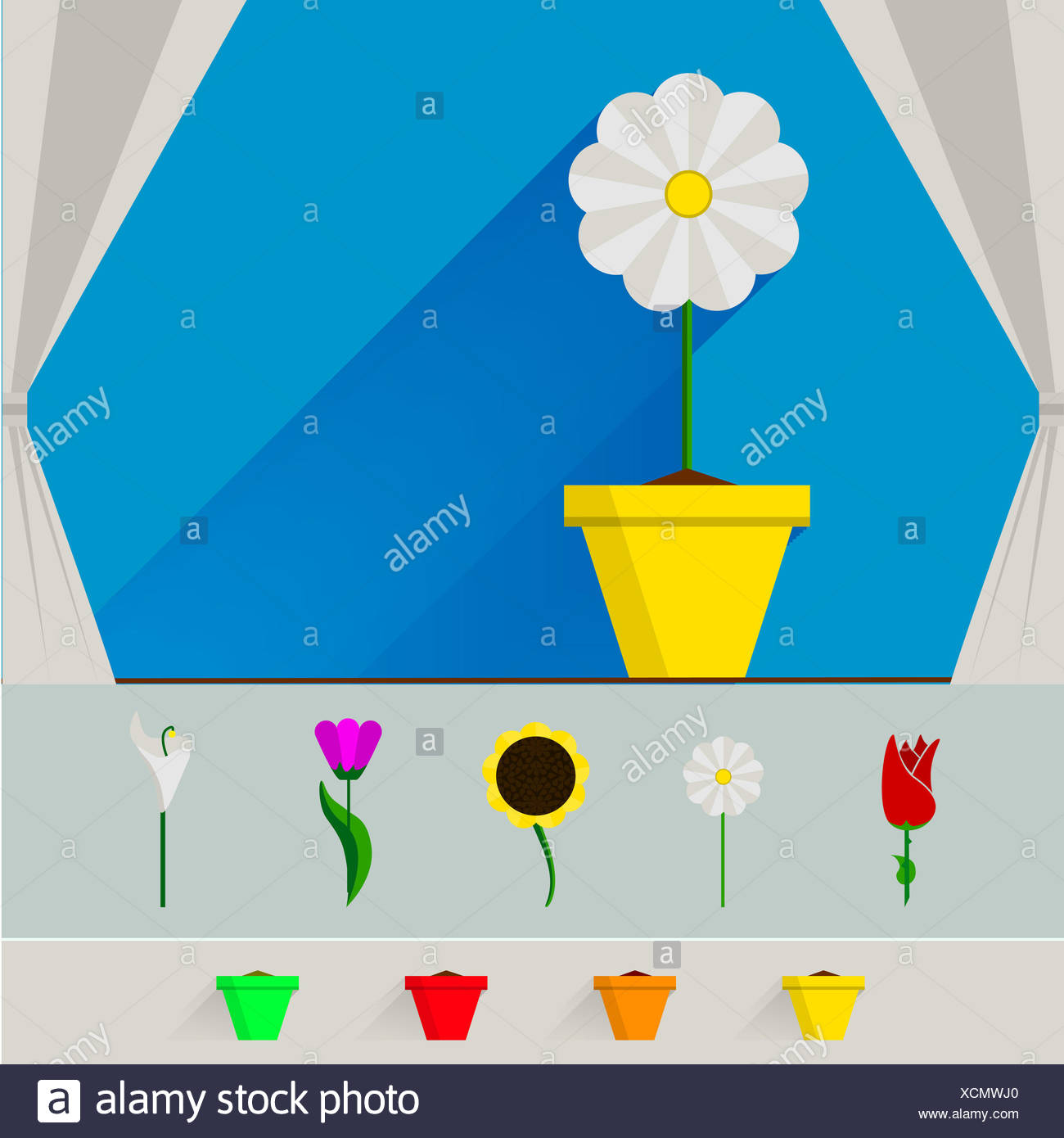 Flower In Yellow Flowerpot On The Window With White Curtains Set