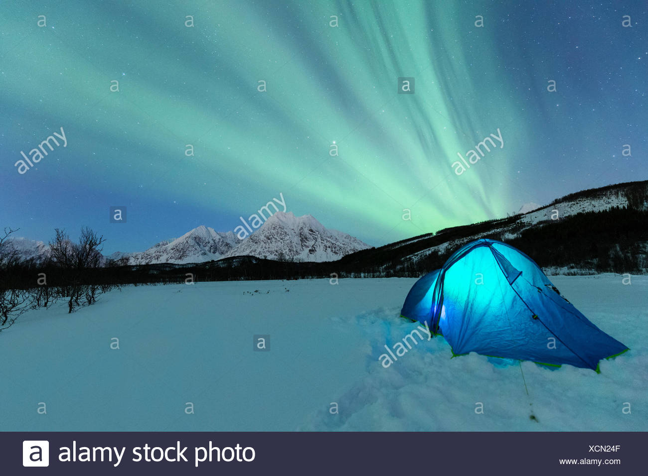 Camping With Tent During A Night With The Northern Lights Svensby Ullsfjorden Lyngen Alps Troms Norway Lapland Europe Stock Photo Alamy