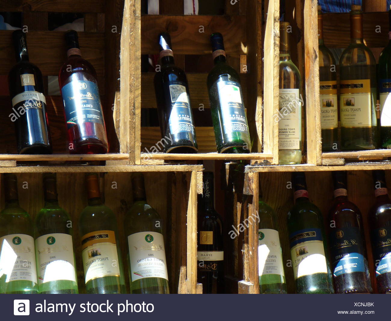 wine exposition champagne bottles boxes selection provision camp enthusiasm Stock Photo