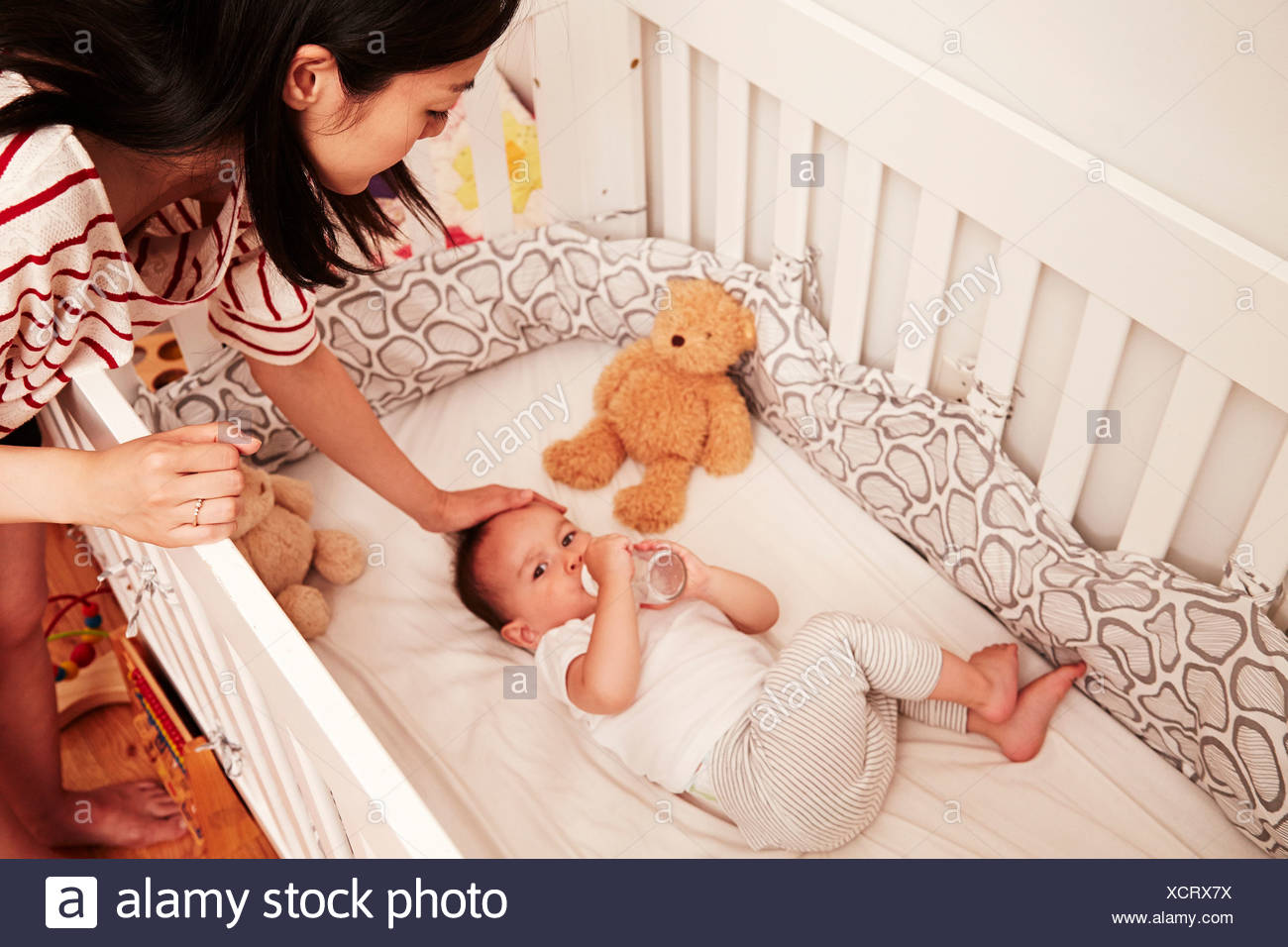 Baby Boy Lying In Crib Drinking Baby Bottle Stock Photo 283267262
