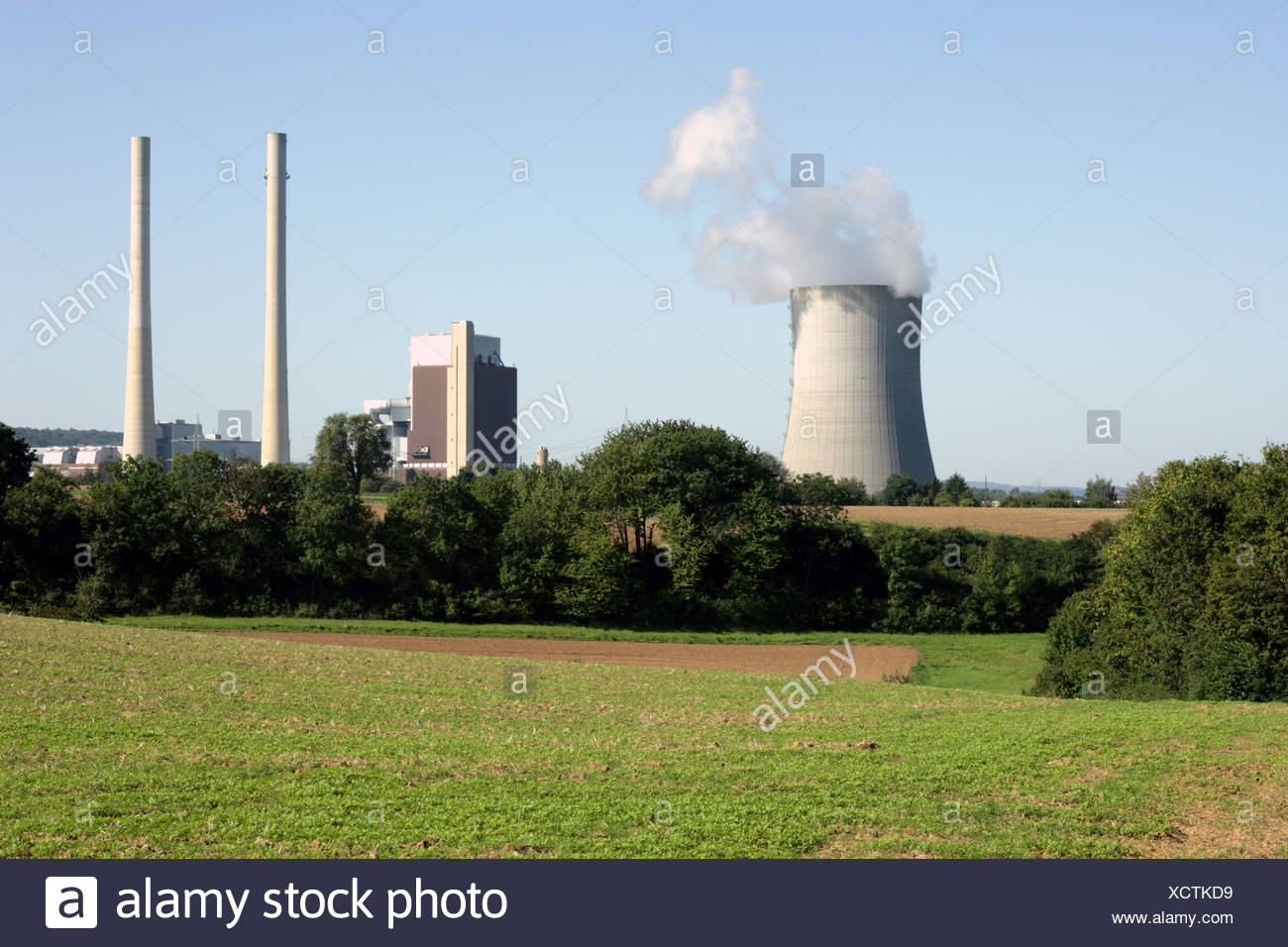 Germany Baden-Württemberg Heilbronn steam power-work chimneys smoke Europe economy industry energy Heizkraftwerk coal-fired Stock Photo