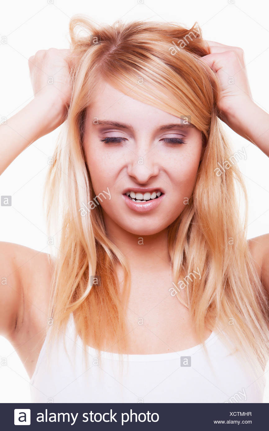 Stress Young Woman Frustrated Pulling Her Hair On White Stock