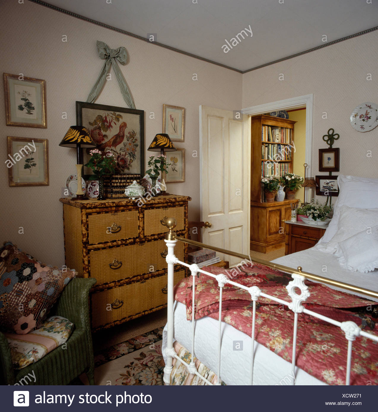 Bamboo Chest Of Drawers And White Painted Antique Brass Bed In