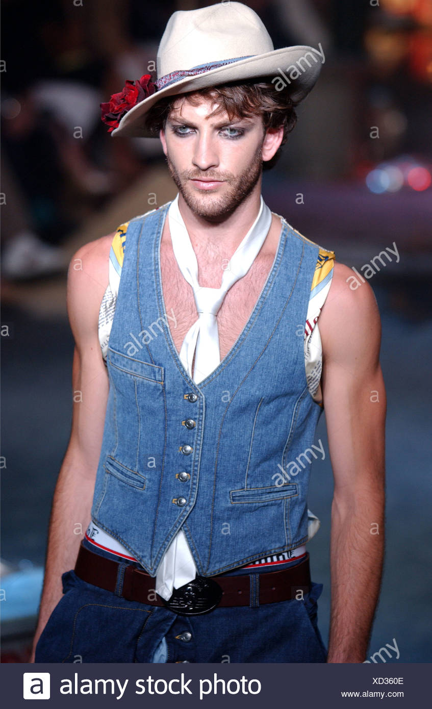 John Galliano Paris Menswear S S Bearded Male Model Wearing Blue