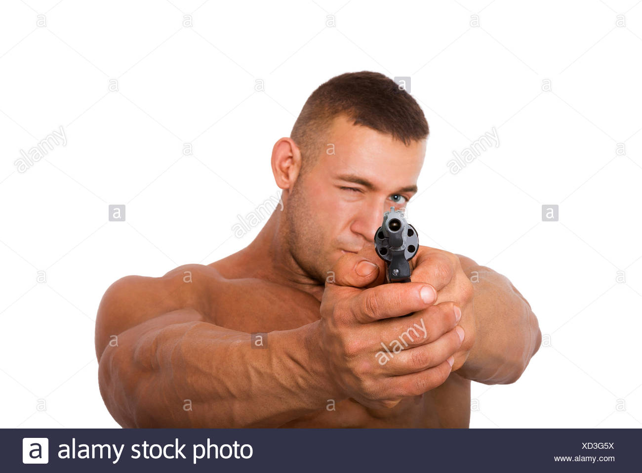 pic Man Pointing Gun At Camera Drawing https www alamy com muscular caucasian man with a gun pointing at camera isolated on a white background image283434982 html