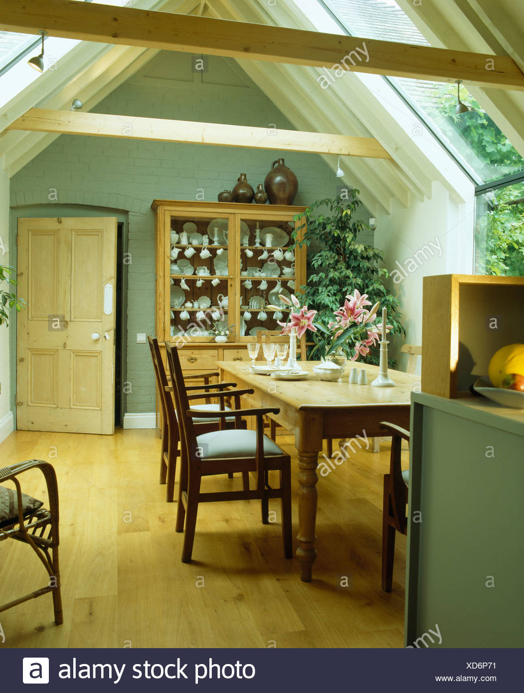Wooden Flooring And Old Pine Table In Gray Green Country Dining