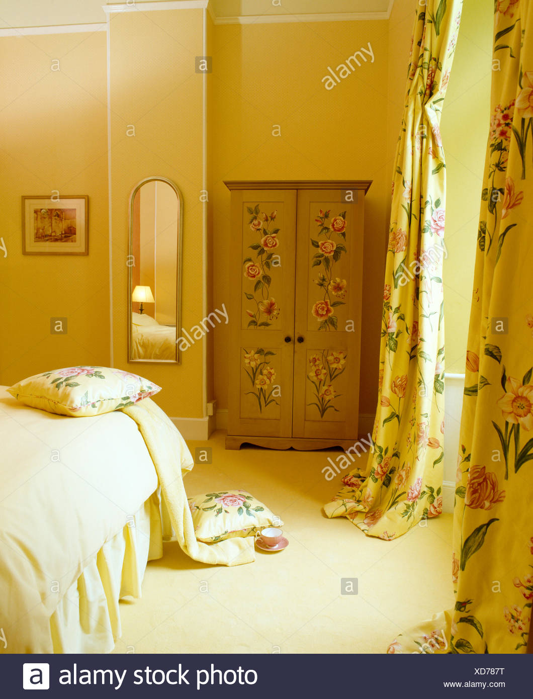 Rose Painted Wardrobe In Country Bedroom With Yellow Floral Silk
