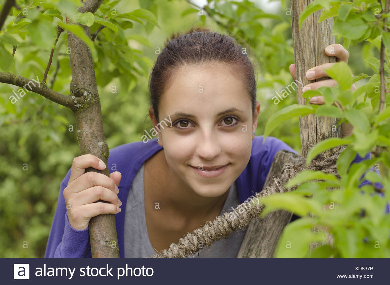 Young woman looks out from tree Stock Photo