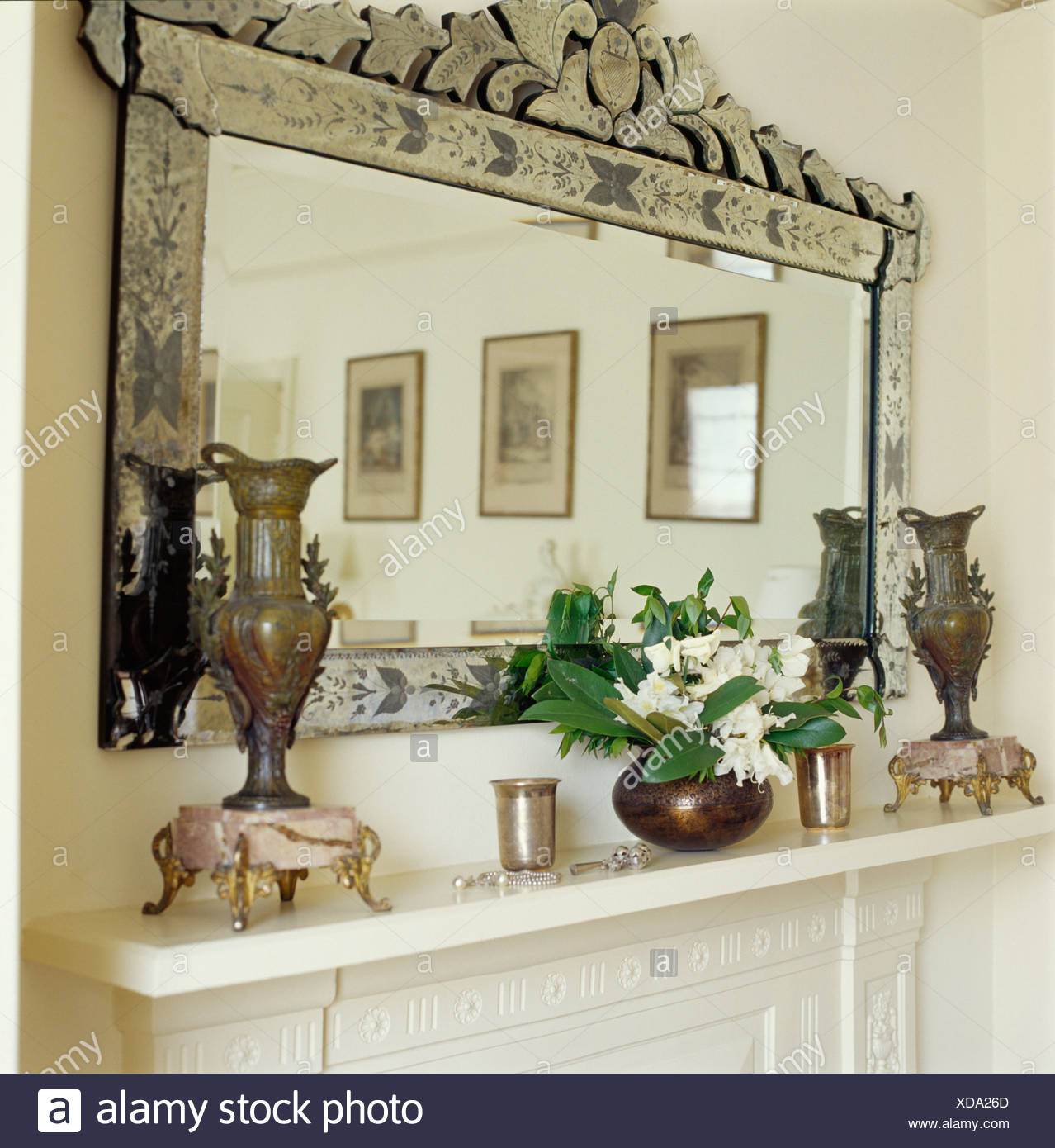 Close Up Of Large Rectangular Venetian Glass Mirror Above White