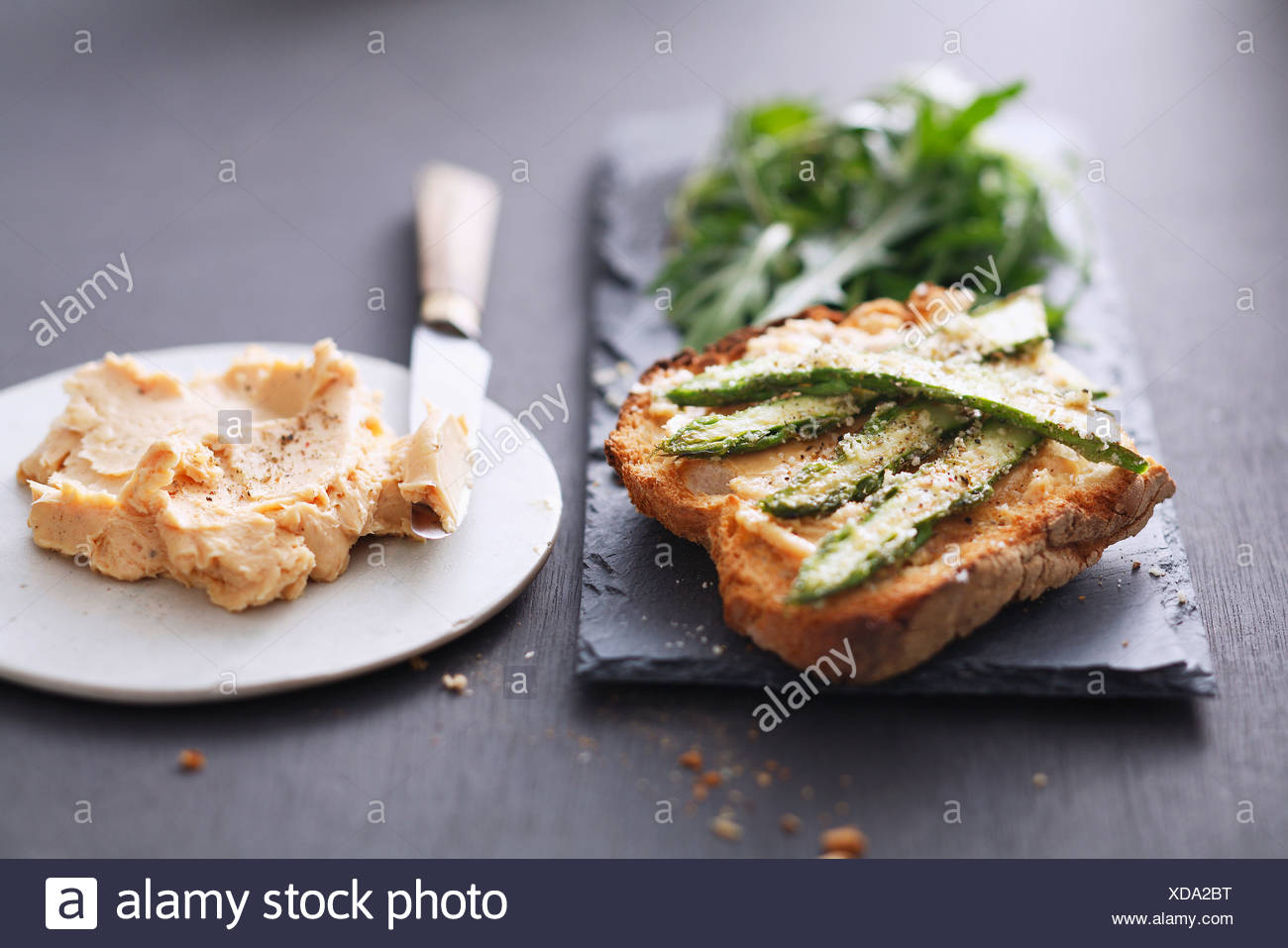 Foie Gras Butter And Green Asparagus On Sliced Bread Stock Photo Alamy
