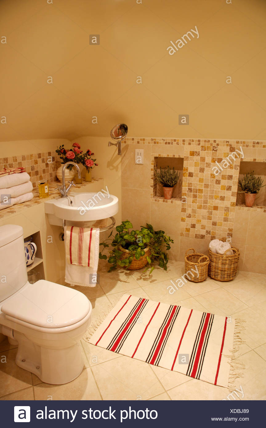 Striped Rug On Cream Tiled Floor In Cream Attic Bathroom With Modern Basin And Toilet Stock Photo Alamy Striped Rug On Cream Tiled Floor In Cream Attic Bathroom With Modern Basin And Toilet Stock Photo Alamy