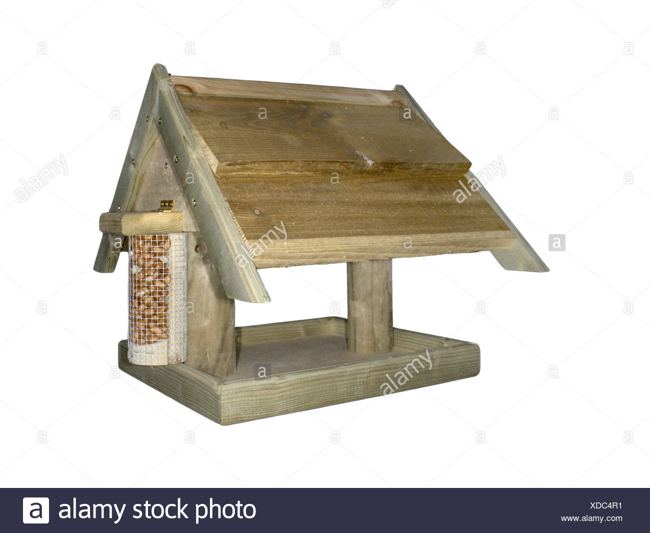 Wooden Bird Table A Common Design For Feeding Garden Birds Stock