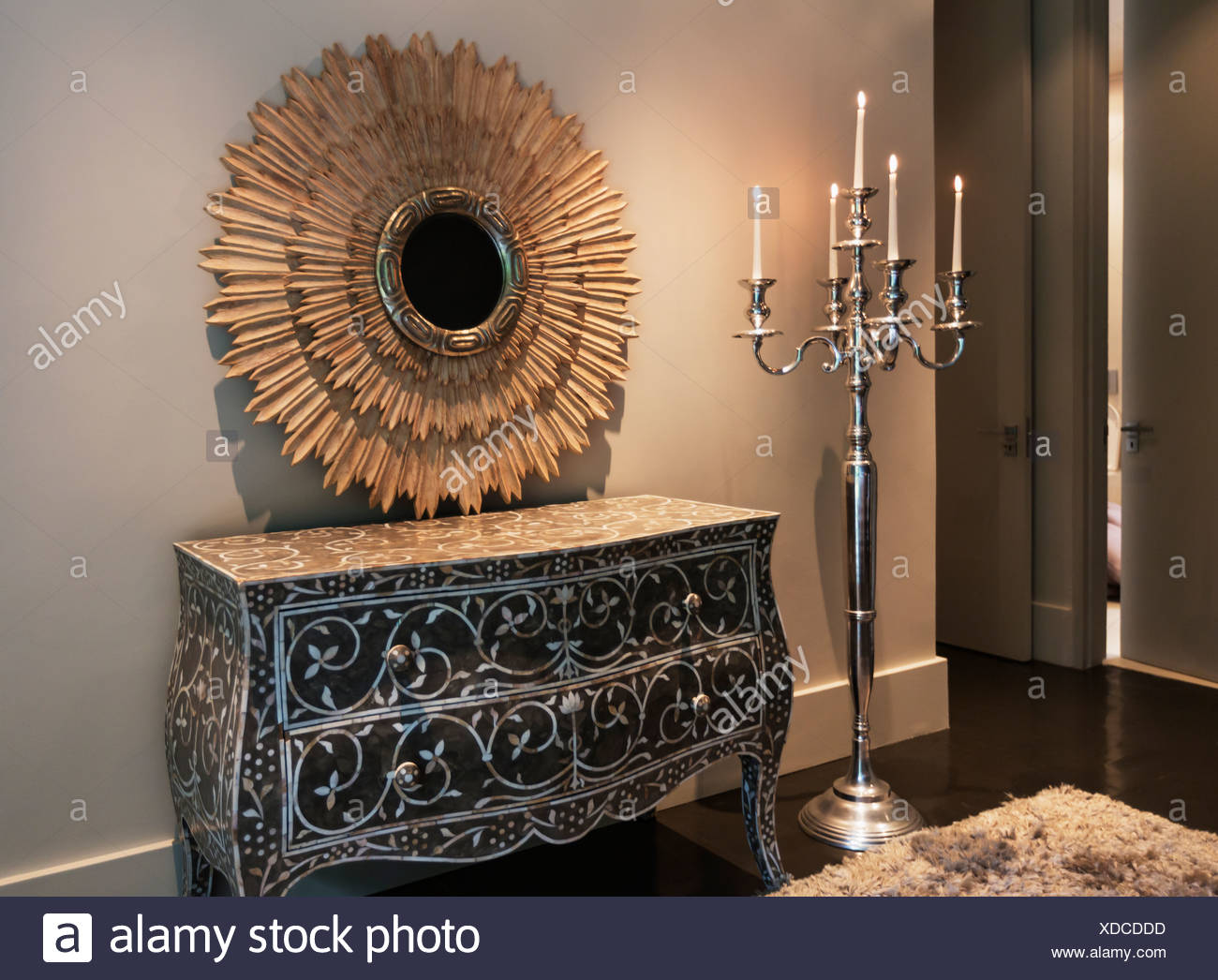 Elegant Dresser Mirror And Candelabra In Luxury Bedroom Stock