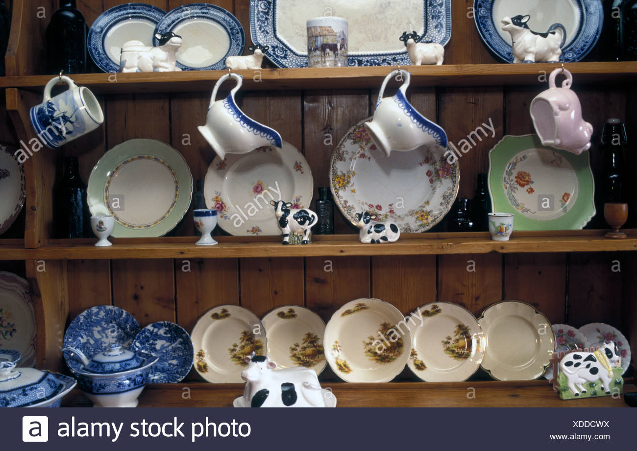 Crockery On Welsh Dresser Shelves Farm Wales Stock Photo