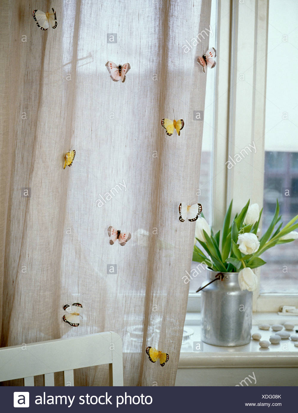 Butterflies White Curtains With Appliqued Butterflies Next To An