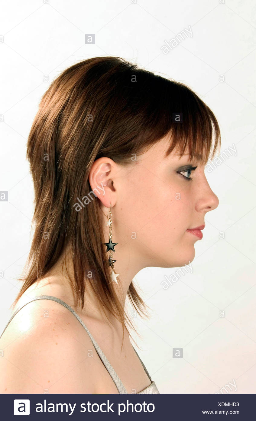Profile Of Female Shoulder Length Brunette Hair Wearing Grey