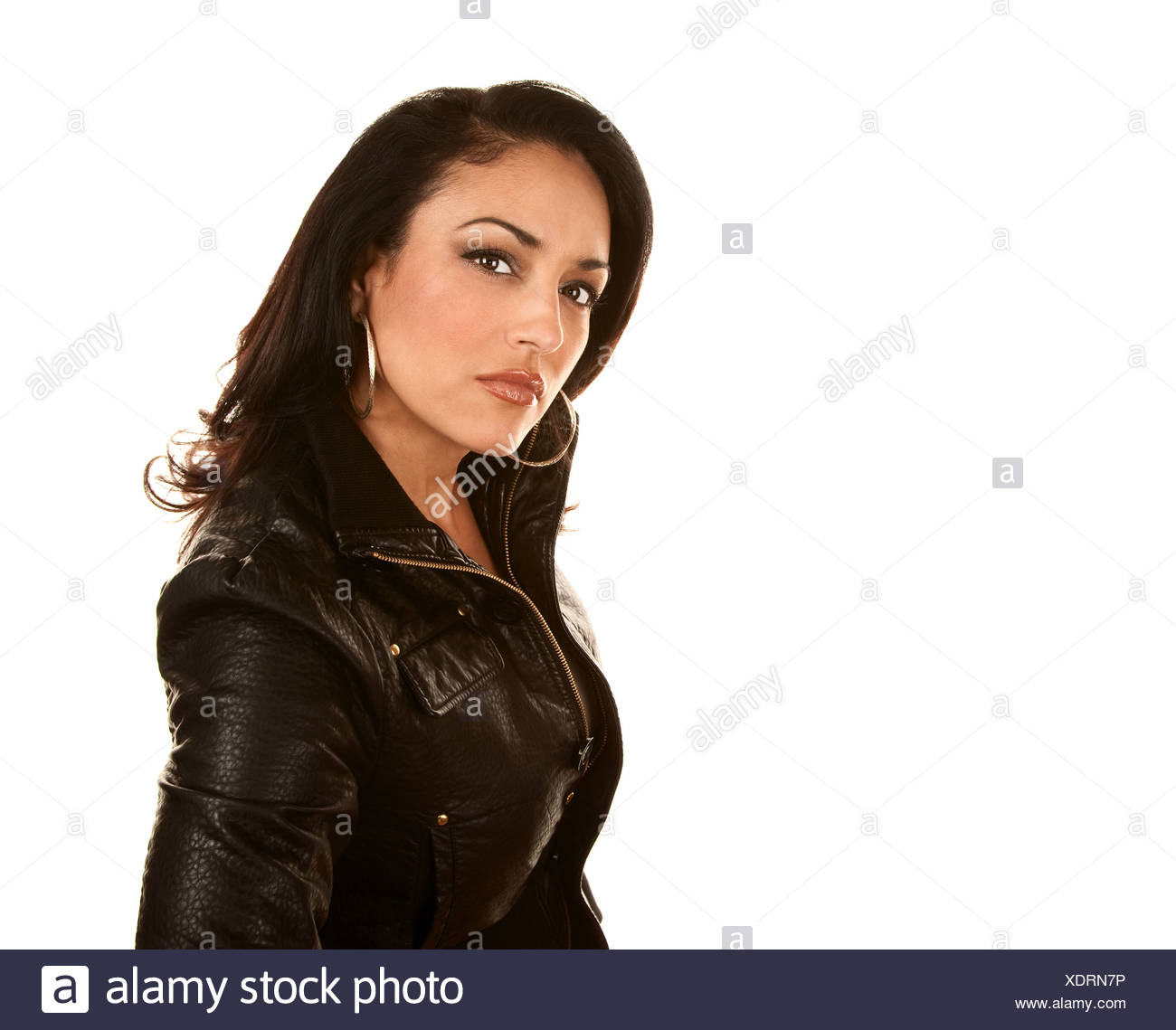 Pretty Hispanic Woman In Silver Jacket On White Background Stock