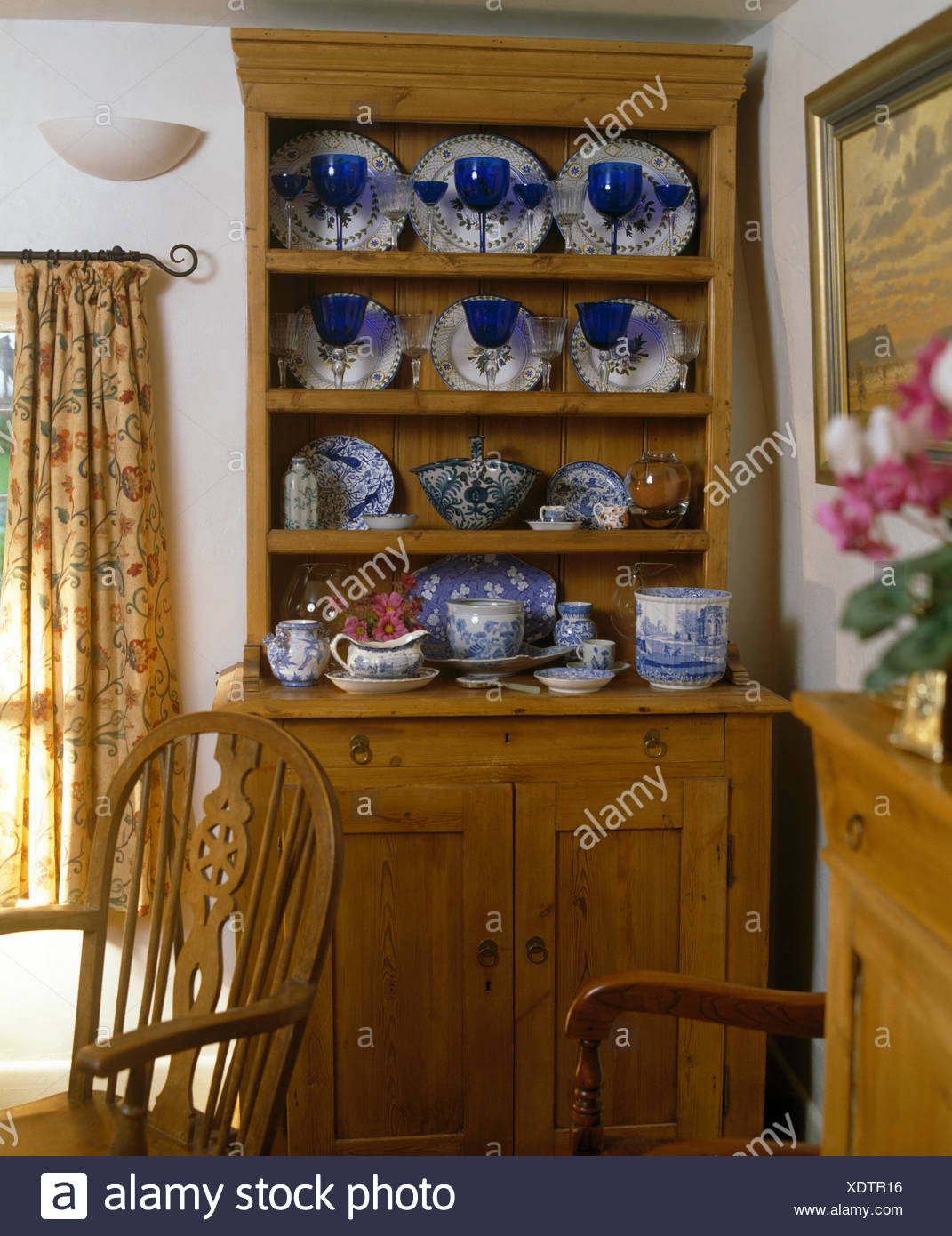Small Pine Dresser With Collection Of Blue Wineglasses And Blue