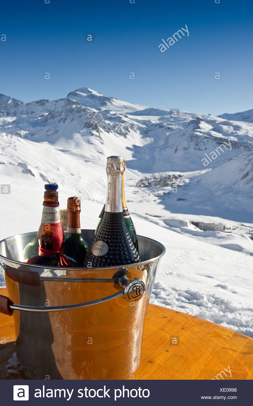 Champagne Bottle In A Bar Snow Covered Mountain Landscape Tignes Val D Isere Savoie Alps France Europe Stock Photo Alamy