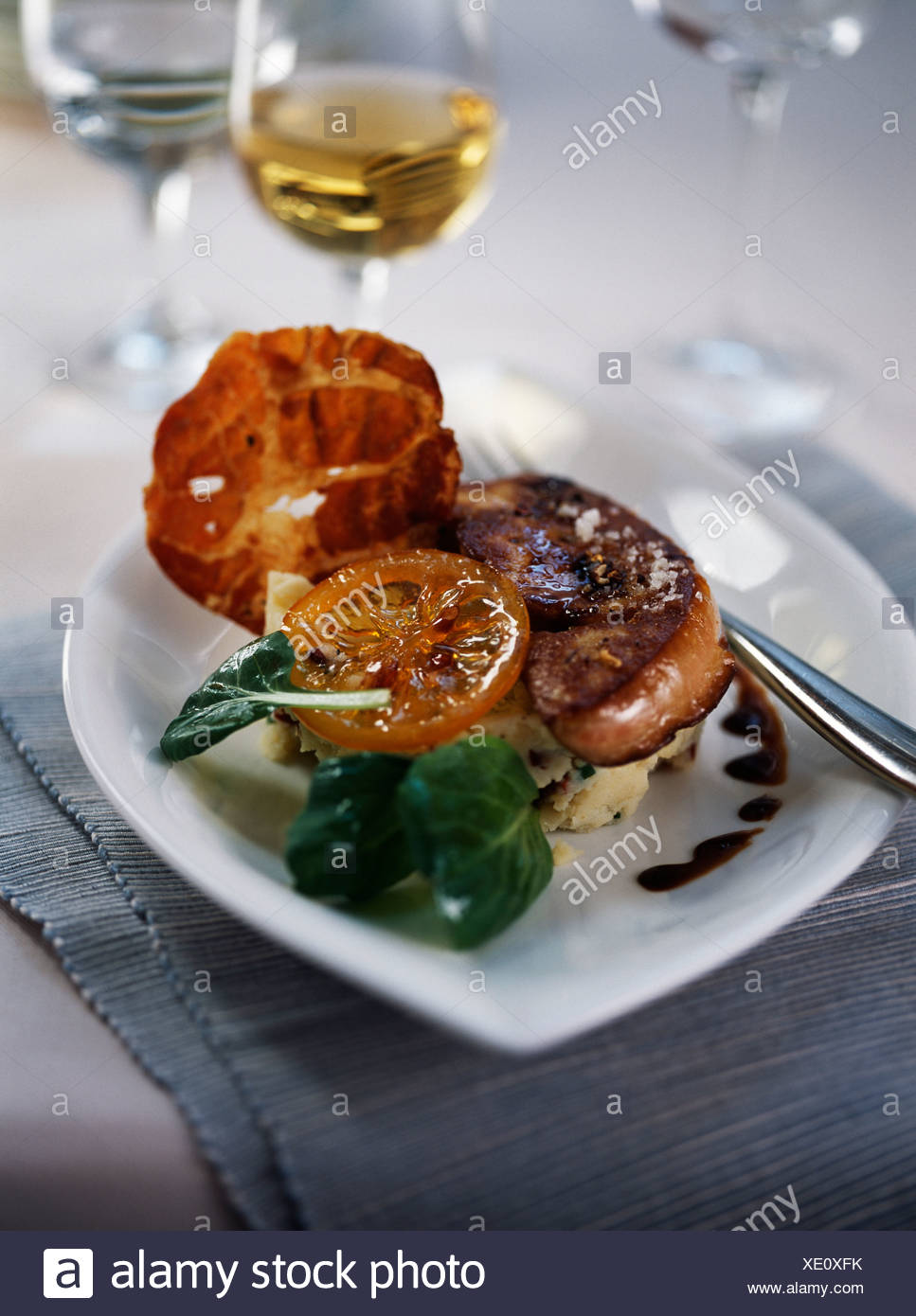 Pan Fried Foie Gras With Confit Citrus Mashed Potatoes With Butter Stock Photo Alamy