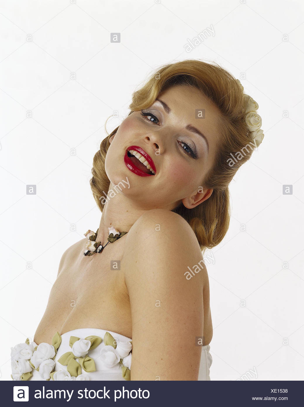Bride Make Up Necklace Dress Strapless Pose Happy Portrait