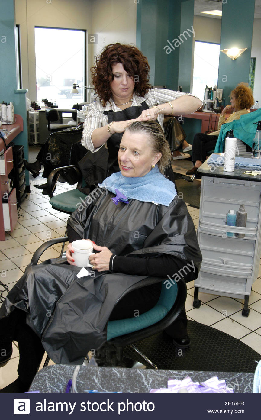 Middle Aged Woman At The Hairdresser Stock Photos Middle Aged
