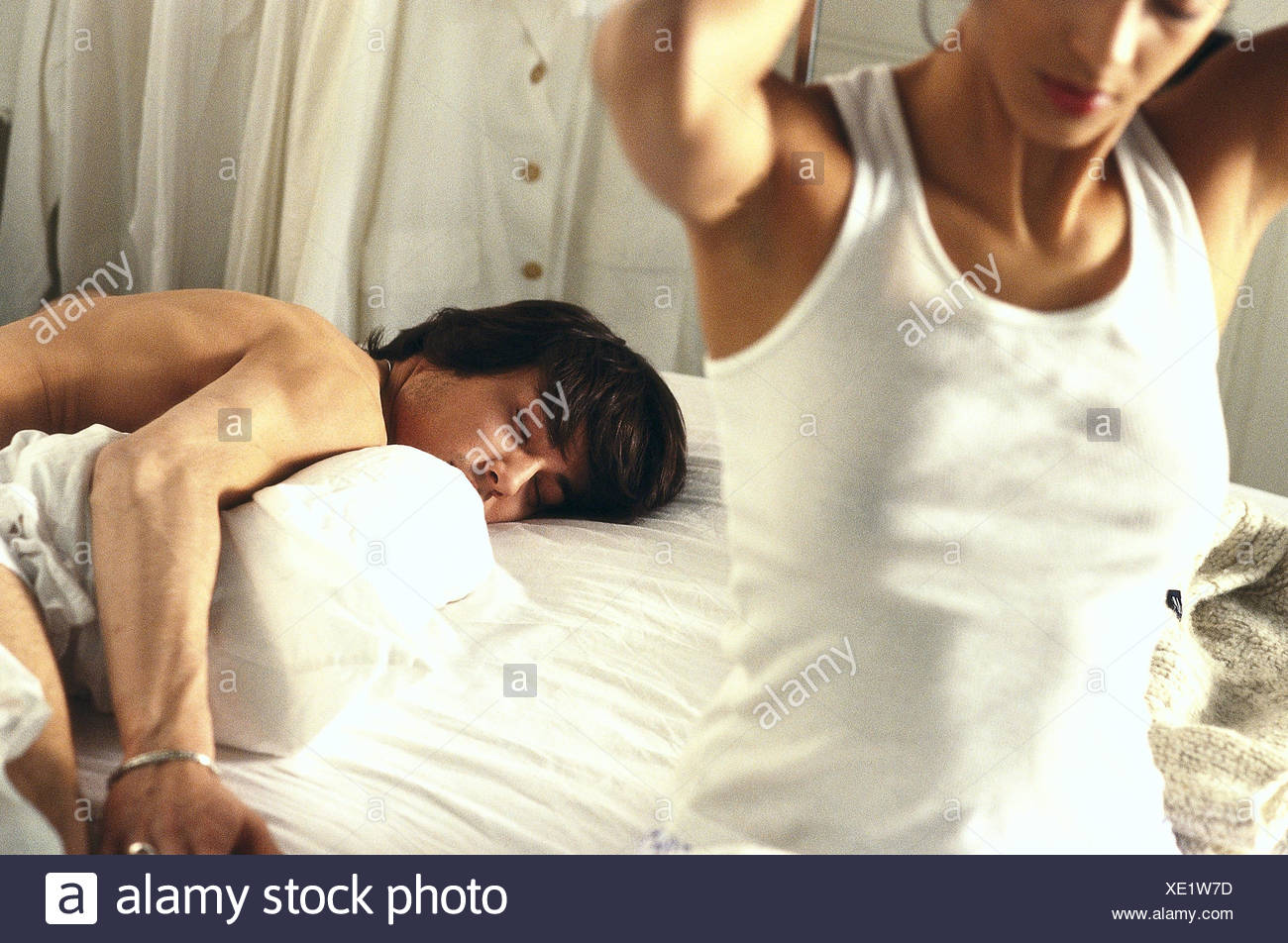 Bed Man Sleep Woman Get Up Model Released Bedroom
