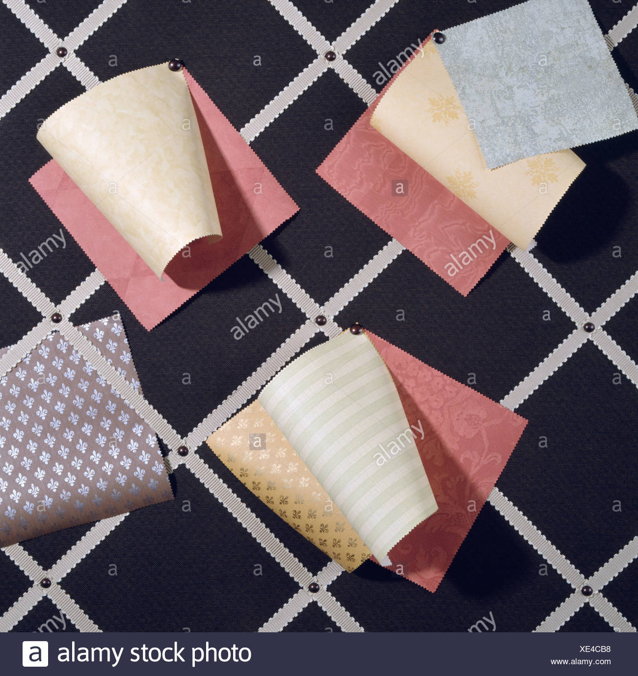 Close Up Of Fabric Swatches On Black White Pin Board Stock Photo Alamy