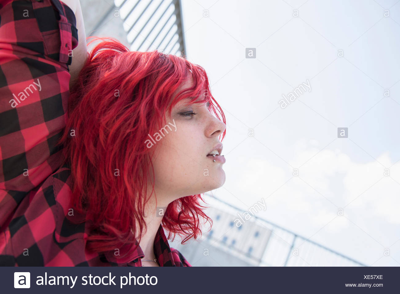 Portrait Day Dreaming Teenage Girl Red Dyed Hair Stock Photo