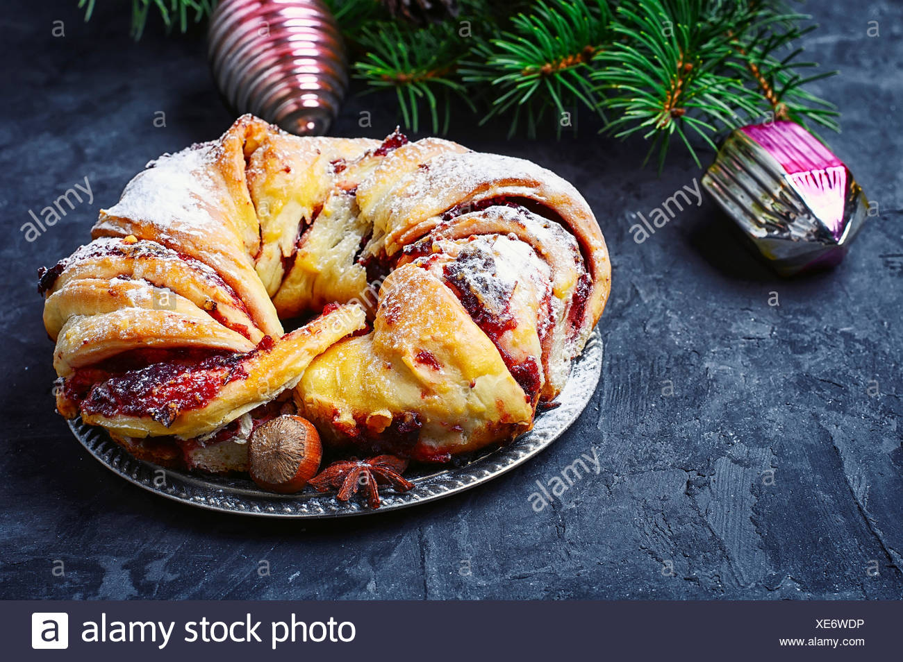 Christmas Bun Background With Christmas Tree And Decorations Stock