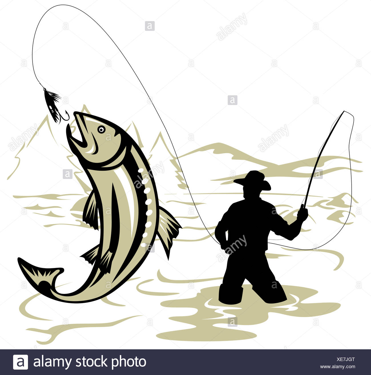 Fly Fisherman Catching Jumping Trout Stock Photo Alamy