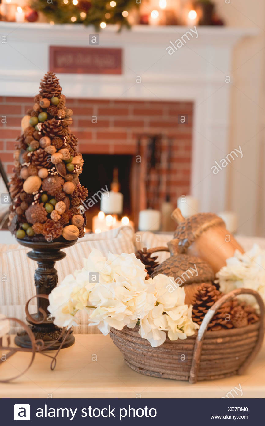 Christmas Decorations In Front Of Fireplace In Living Room Stock