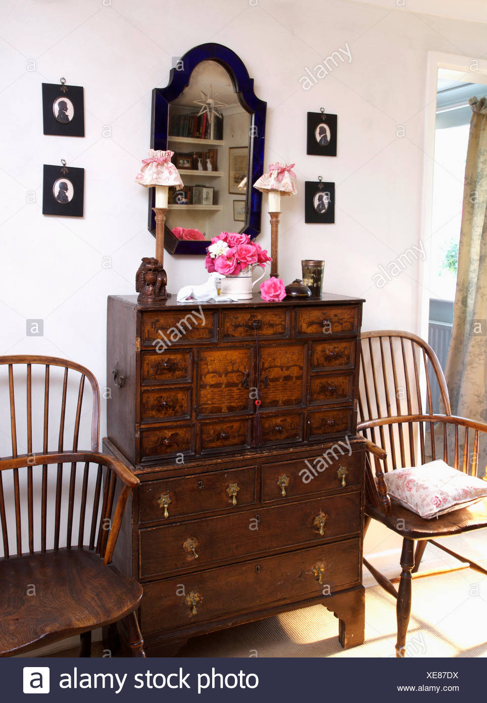Antique Windsor Carver Chairs On Either Side Of Antique Spice