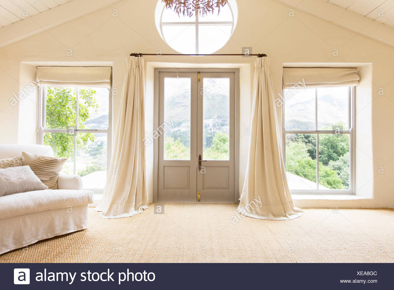 Curtains And Front Doors Of Rustic House Stock Photo 284197324