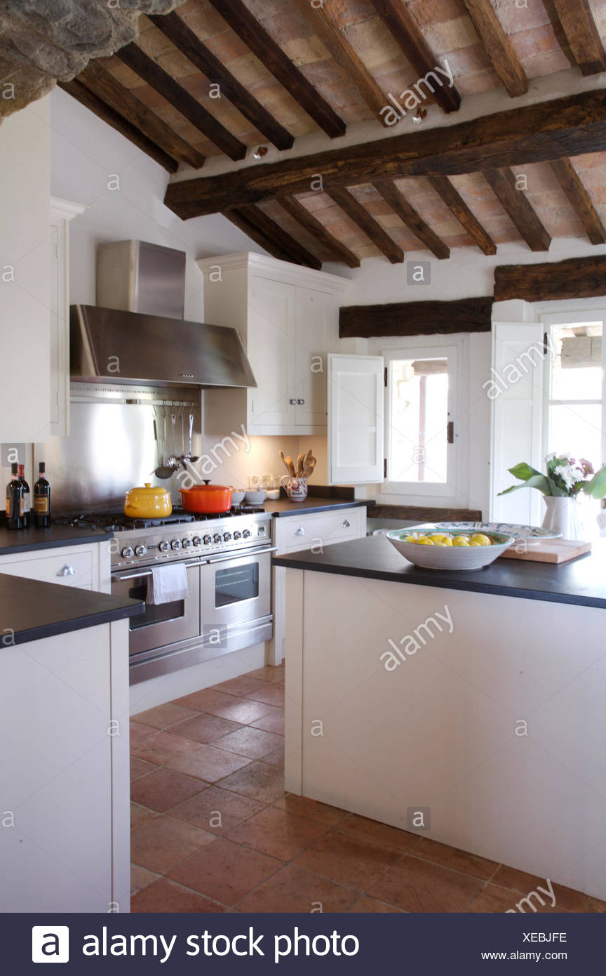 Modern Italian Country Kitchen With Rustic Wooden Ceiling Beams