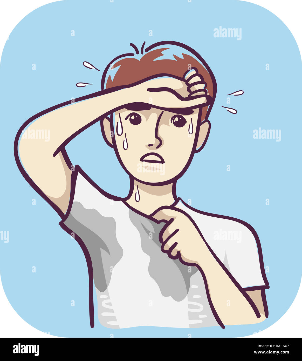 Illustration of a Man with Excessive Sweating Wiping Forehead with Wet