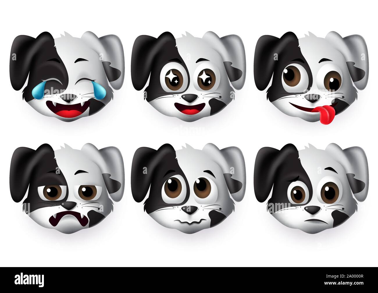 Emojis hund Vektor einrichten. Welpen Hunde Tier emoticon Kopf mit traurigen und lustigen Gesicht für Design Element in weißem Hintergrund. Vector Illustration 3d. Stock Vektor
