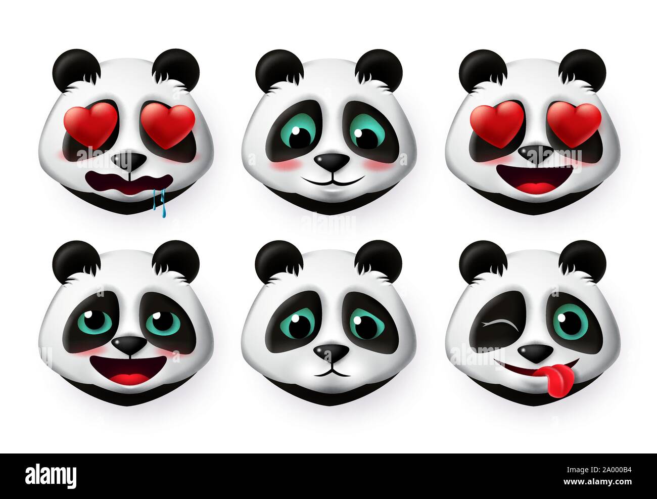 Pandas emojis und Emoticons tragen Vektor einrichten. Pandabär Kopf Gesicht emoji wie schüchtern und inlove cute Ausdrücke 3d realistisches Design in Weiß isoliert. Stock Vektor