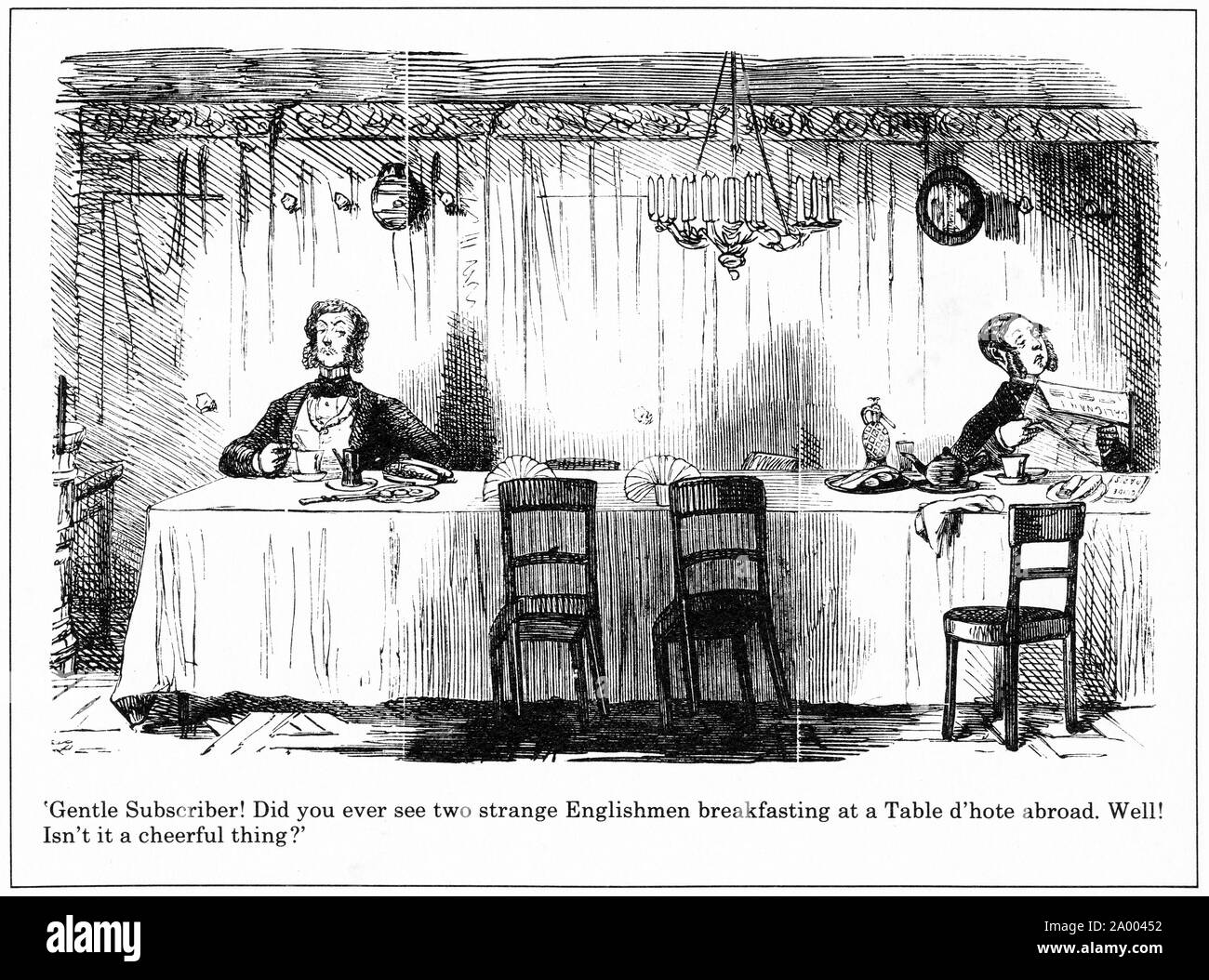 Gravur von zwei pompöse Engländer snobbing einander über das Frühstück in einem ausländischen Hotel. Von Punch magazine. Stockfoto