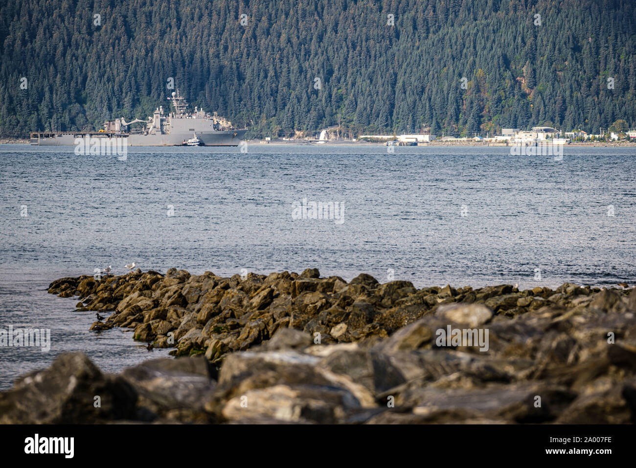 USS Comstock (LSD 45) zieht in Seward, Alaska während des Arktischen dislozierbare Fähigkeiten Übung (AECE) 2019. Rund 3.000 U.S. Navy und Marine Corps Personal an AECE 2019, eine gemeinsame Übung, dass Tests expeditionary logistischen Fähigkeiten in der arktischen Region und bereitet gemeinsam Krisen in der gesamten Indopazifischen zu reagieren. (Foto von Senior Chief Petty Officer Brandon Raile) Stockfoto