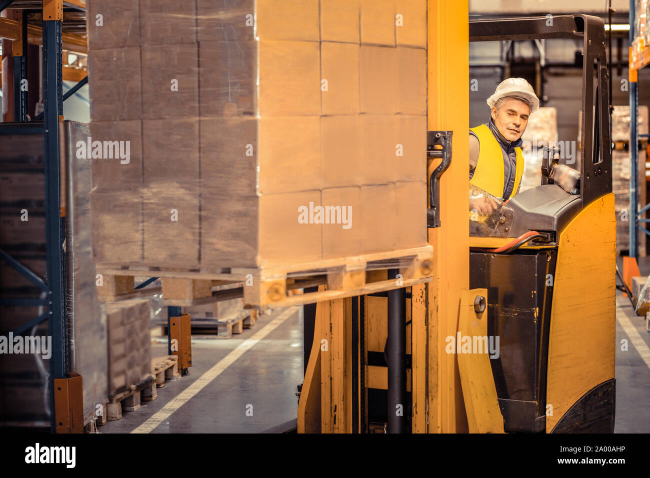 Art grauhaarige männliche Person arbeiten an Lager Stockfoto