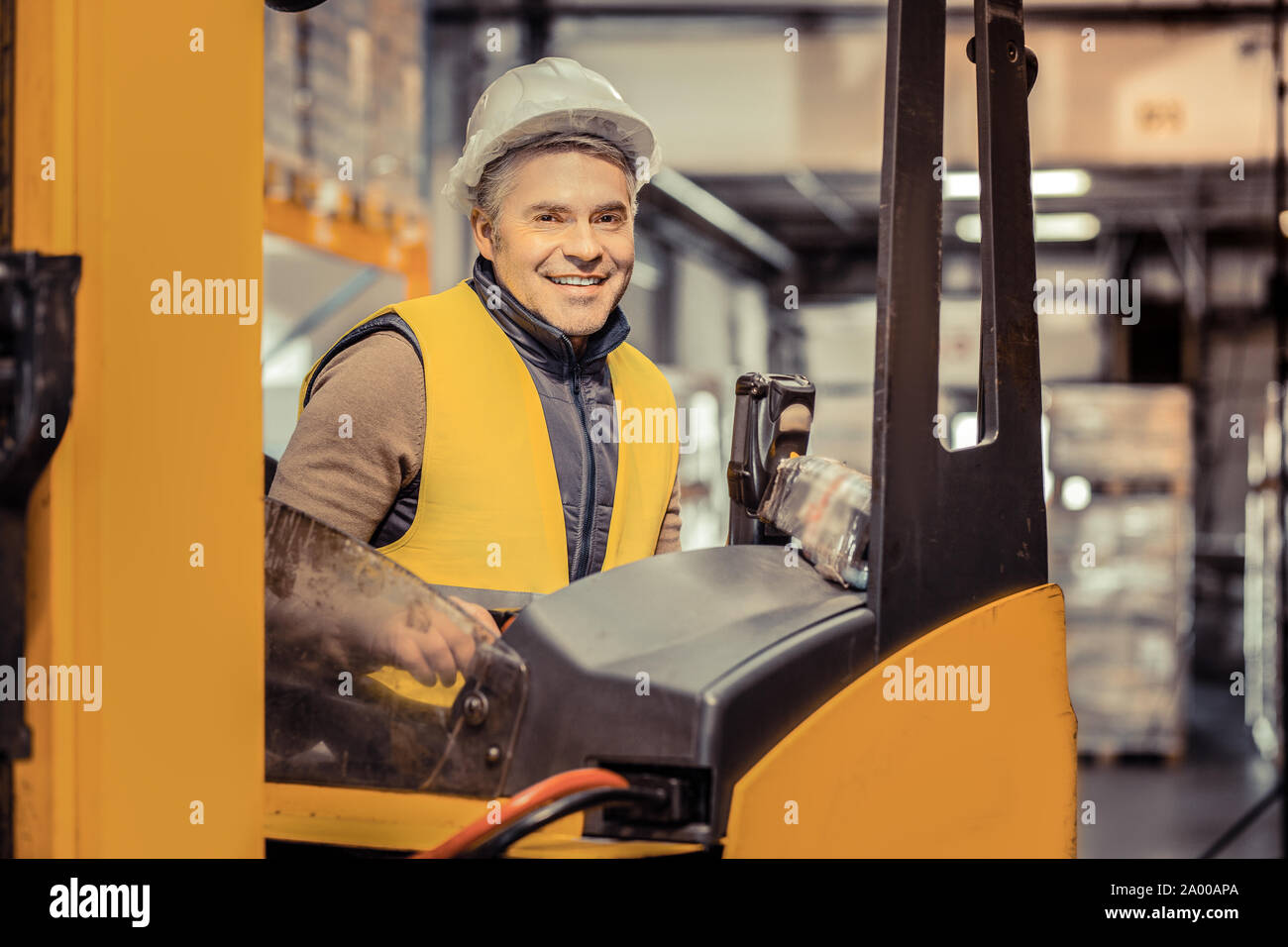 Positiv erfreut älterer männlichen genießt seinen Job Stockfoto