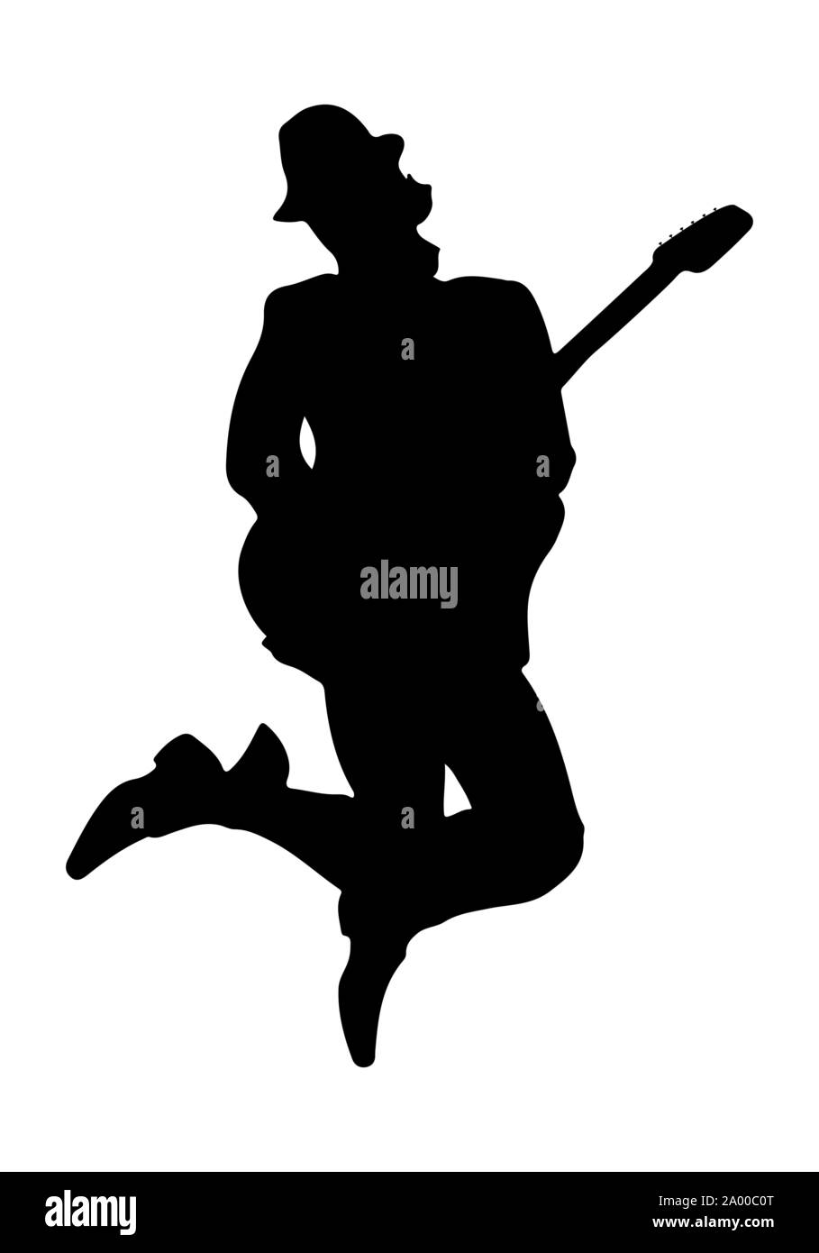 Silhouette der Musiker mit einer Gitarre im Springen. Flache Bauform Stock Vektor